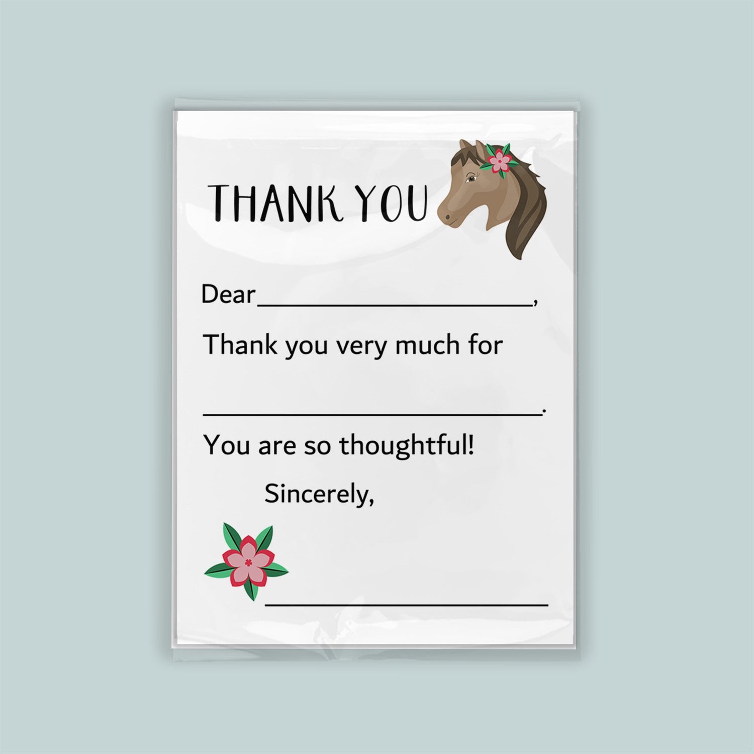 The image is a white thank you card with a horse illustration and a pink flower. The card has a blank space for a message and a blank space for a signature.