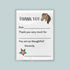 The image is a white thank you card with a horse illustration and a pink flower. The card has a blank space for a message and a blank space for a signature.