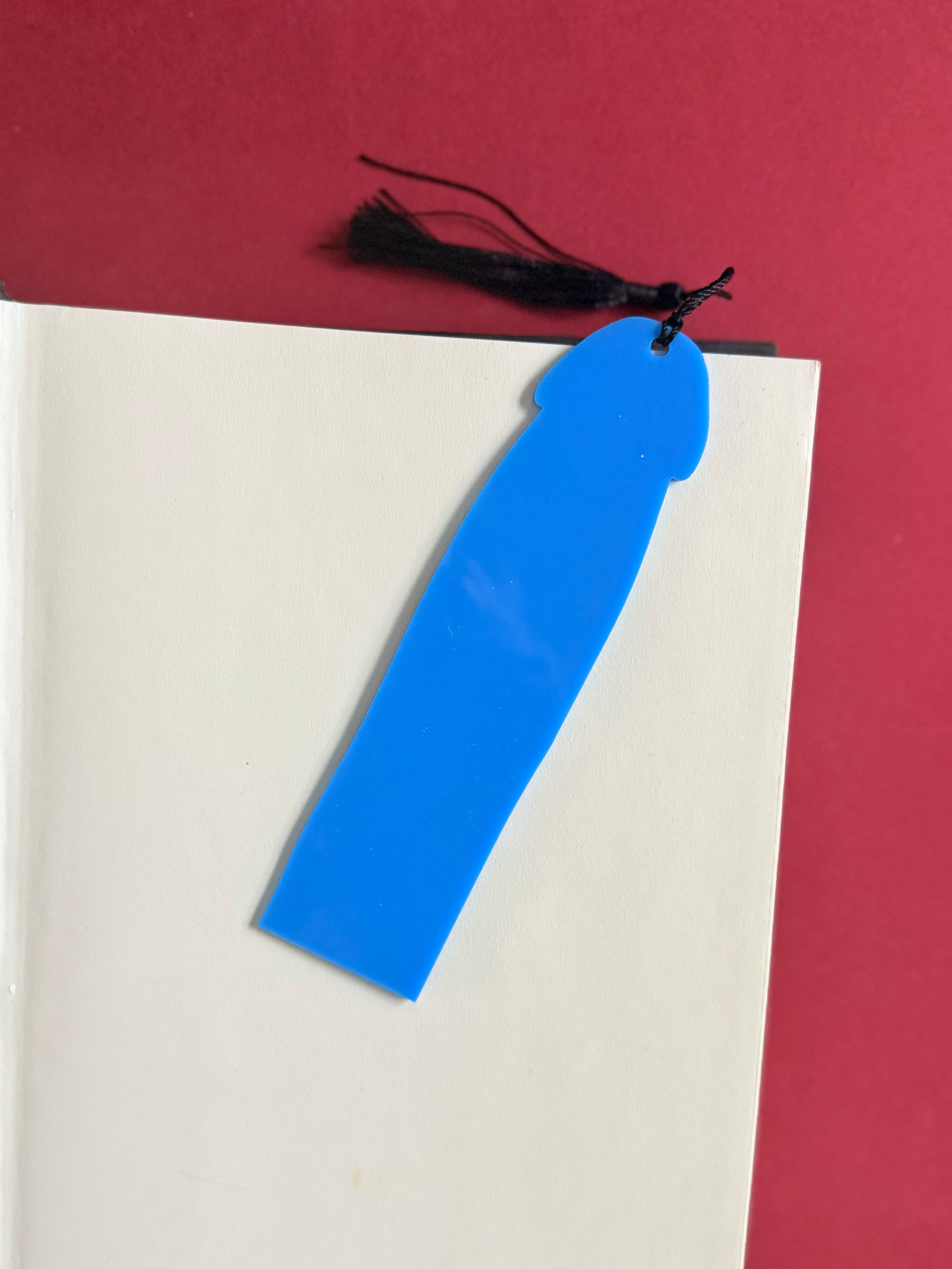 Blue bookmark with black tassel on a red and beige background
