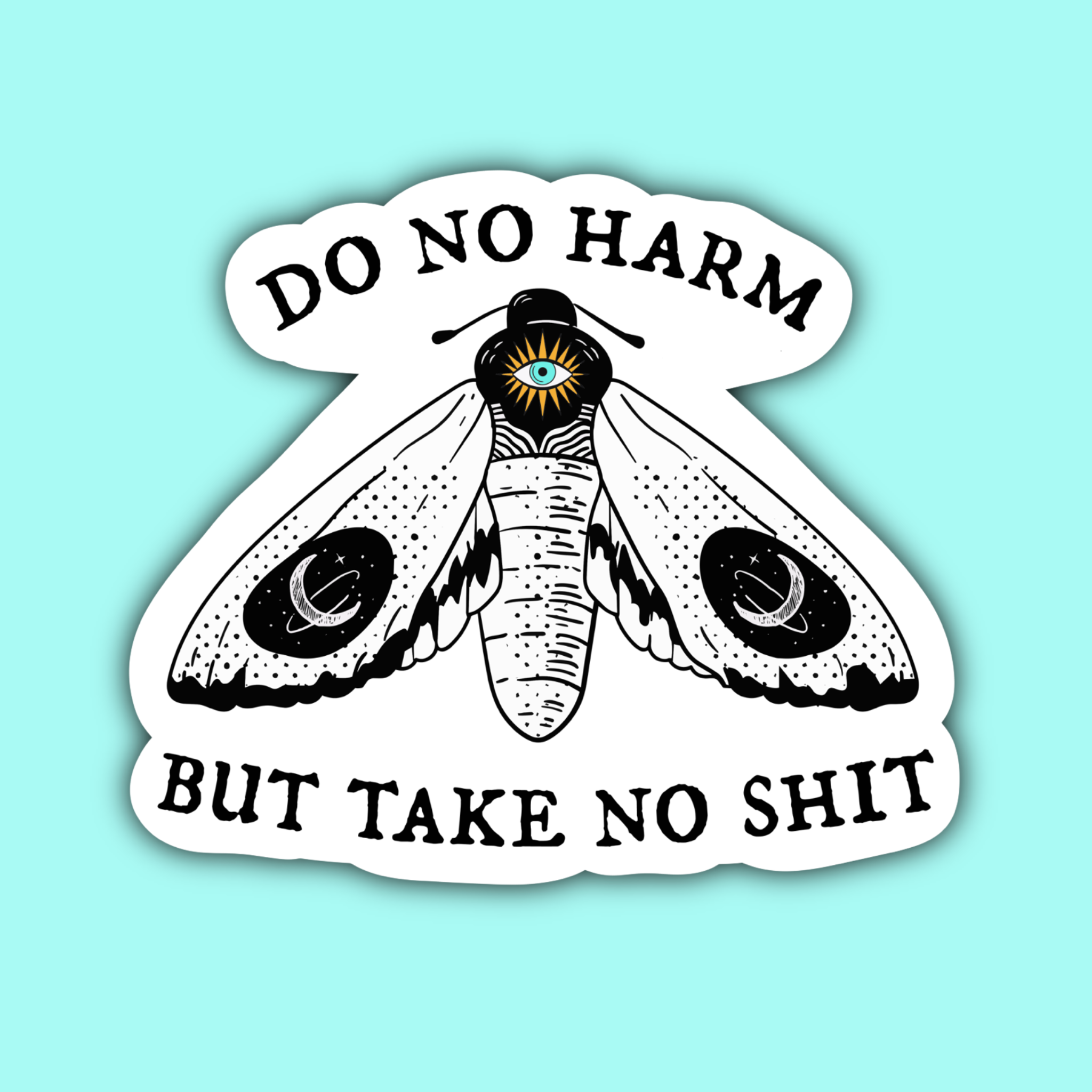 Sticker with a moth design and text &