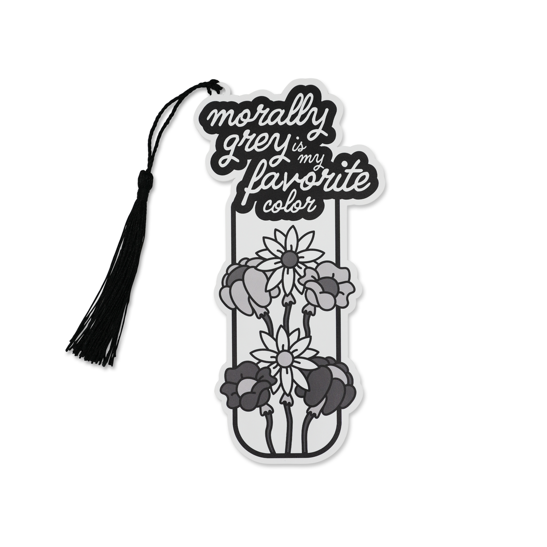 Decorative bookmark with floral design and text on a white background