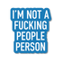 Blue sticker with white text &