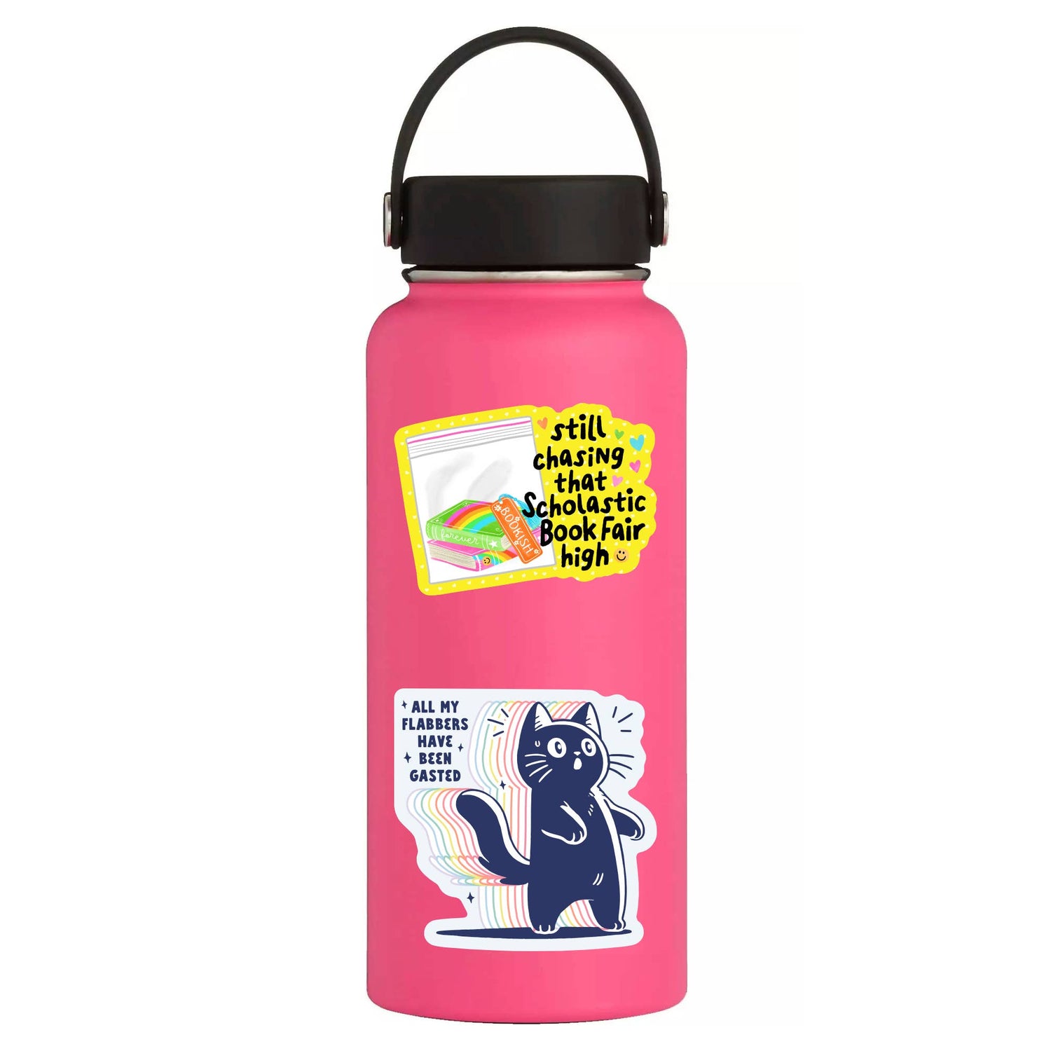 Pink water bottle with stickers featuring a cat and text on a white background