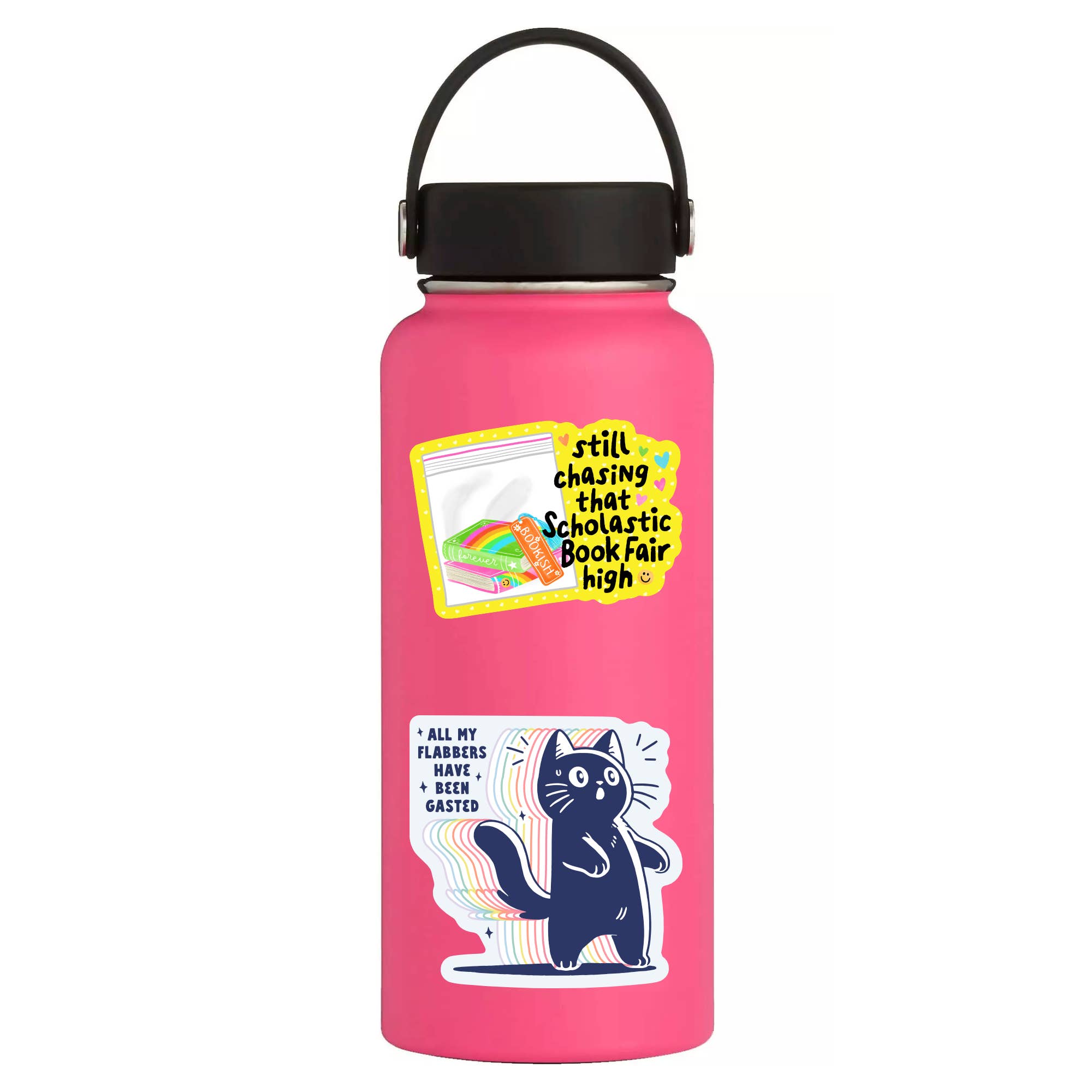 Pink water bottle with stickers featuring a cat and text on a white background