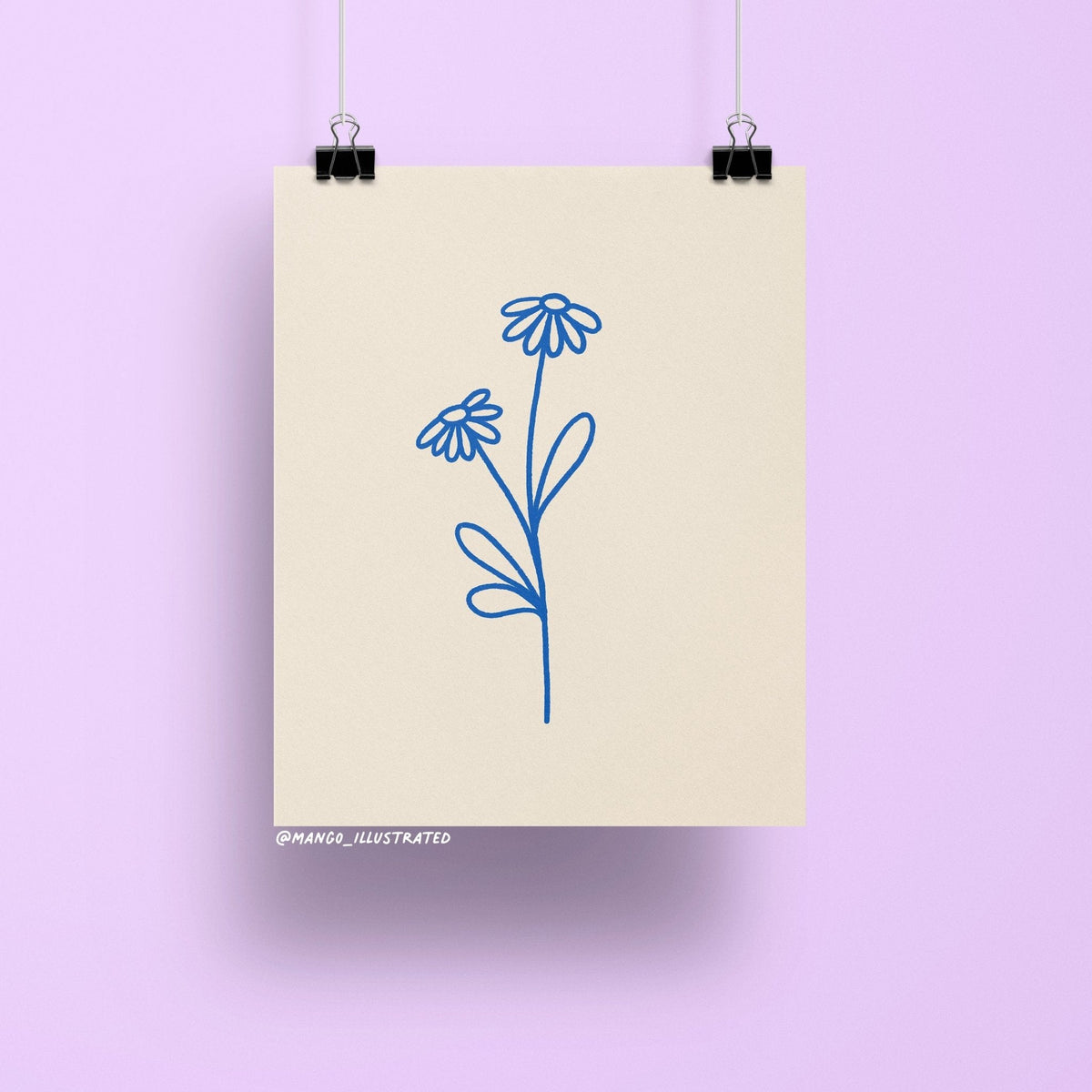 Daisies art print — two daisy stems drawn in cobalt blue line art on a neutral background, 8 x 10 in, by MangoIllustrated