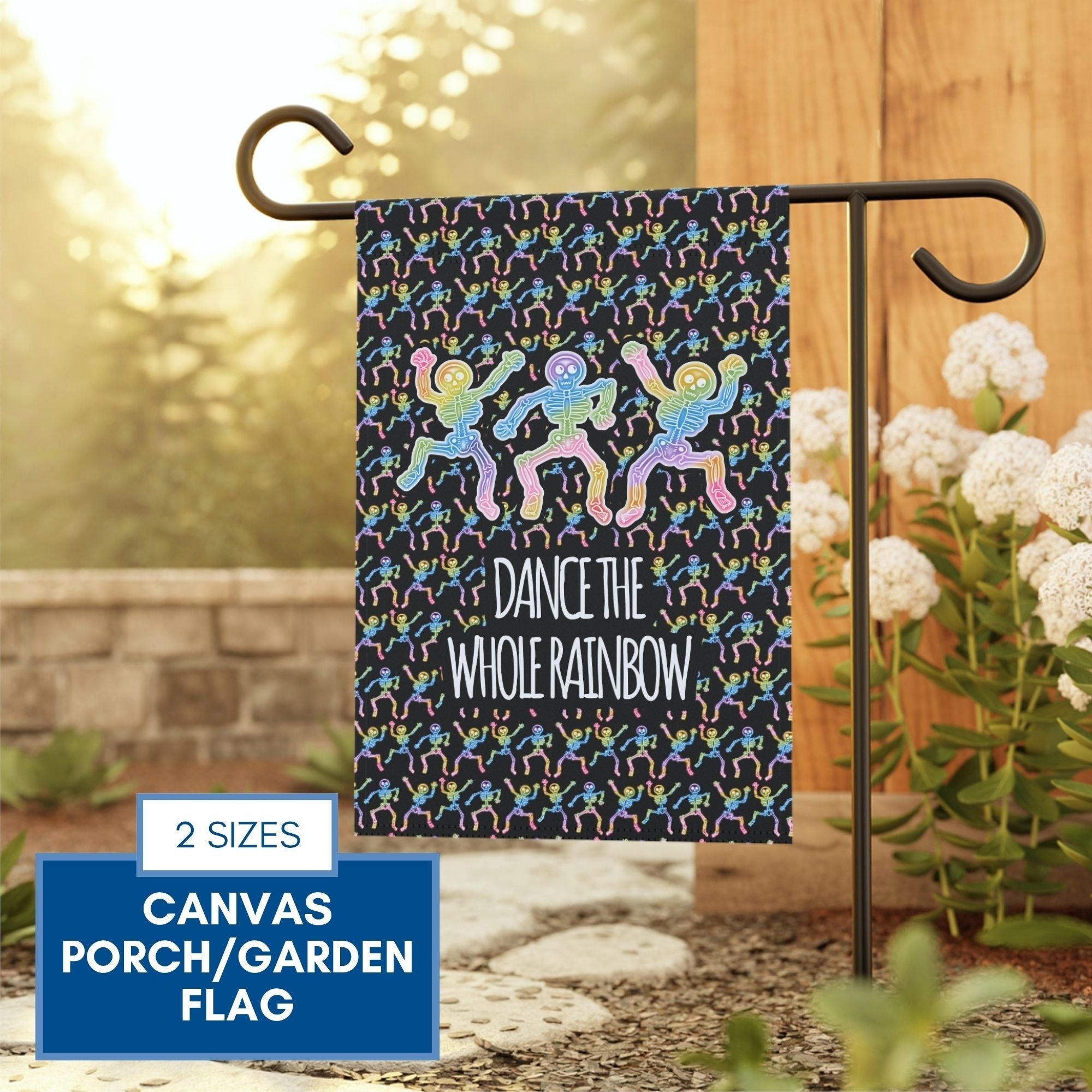 dance-the-whole-rainbow-garden-flag-dancing-skeletons-lgbtq-ally-porch-flag-hand-drawn-art