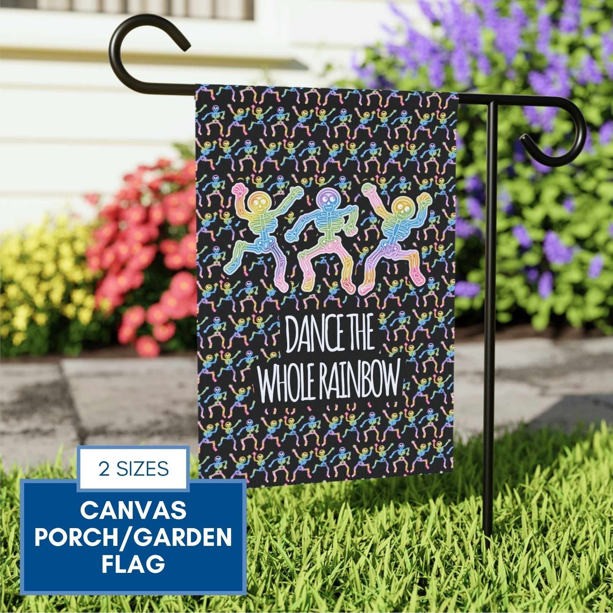 dance-the-whole-rainbow-garden-flag-dancing-skeletons-lgbtq-ally-porch-flag-hand-drawn-art