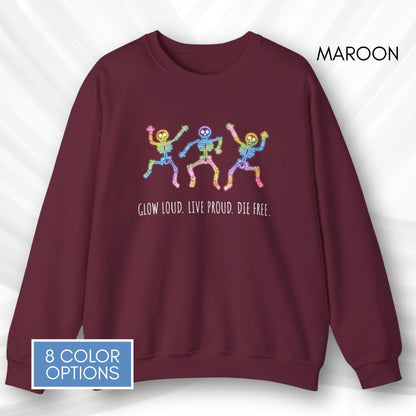 dancing-rainbow-skeletons-unisex-crewneck-halloween-lgbtq-activism-sweatshirt-hand-drawn-art-maroon