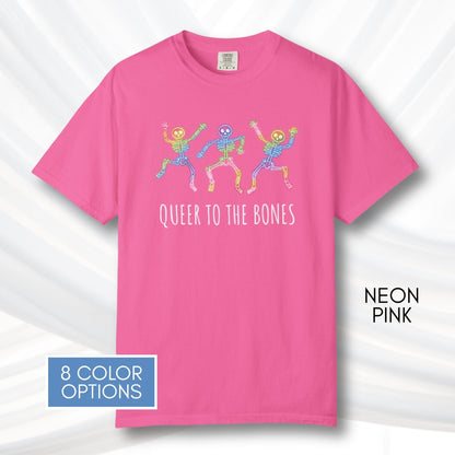 dancing-rainbow-skeletons-unisex-tshirt-halloween-lgbtq-queer-activism-graphic-tee-neon-pink