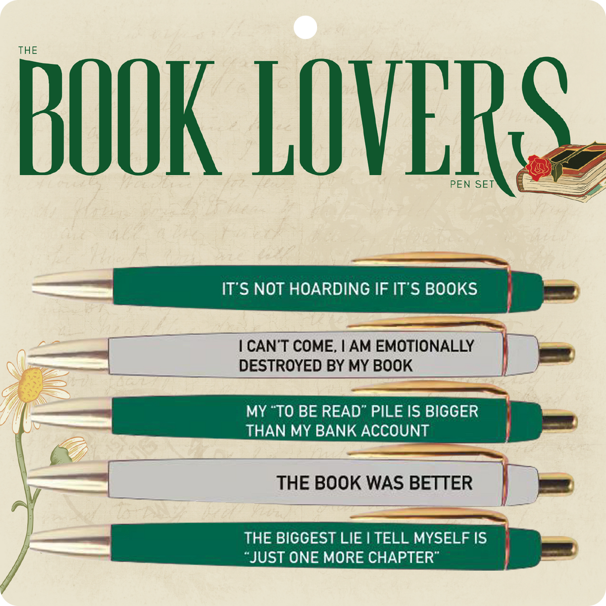 Set of pens with humorous quotes on a &
