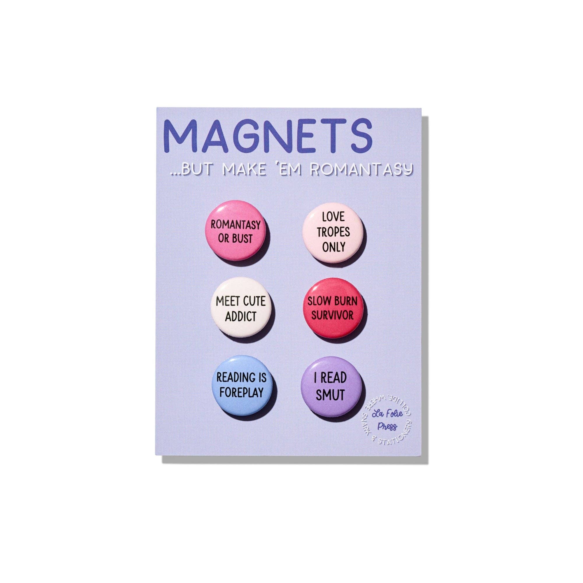 Set of six colorful buttons with text on a purple card labeled &
