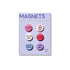 Set of six colorful buttons with text on a purple card labeled &