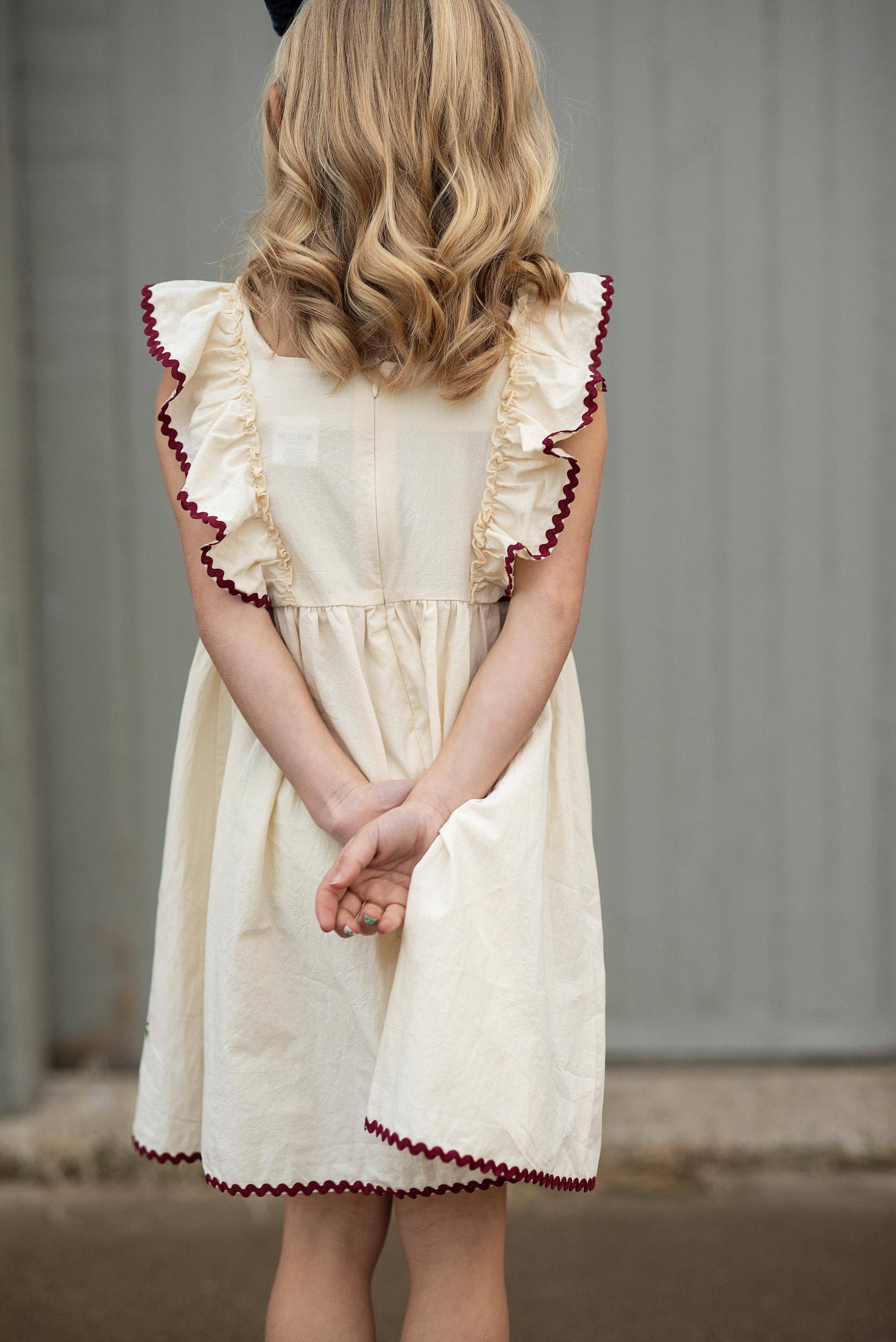 Kids Cream &amp; Burgundy Floral Embroidered Pinafore Dress