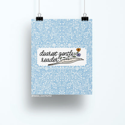 Dearest Gentle Reader art print flat lay — regency inspired bookish wall art for a reading nook by indie artist MangoIllustrated