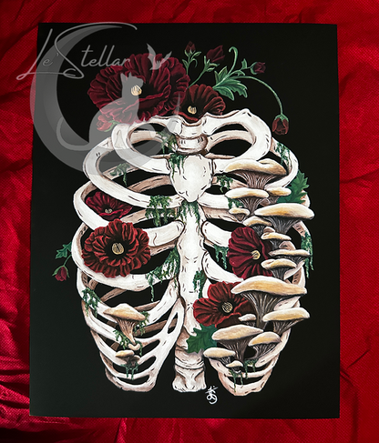 Death and Decay Painting with Ribcage Covered in Moss, Mushrooms and Poppy Flowers