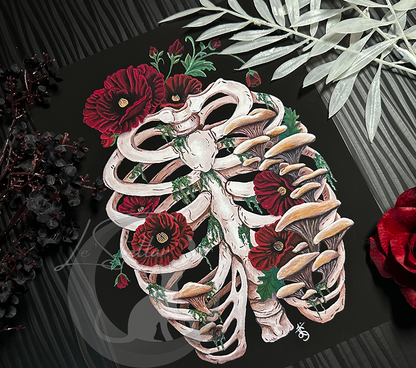 Death and Decay Painting with Ribcage Covered in Moss, Mushrooms and Poppy Flowers