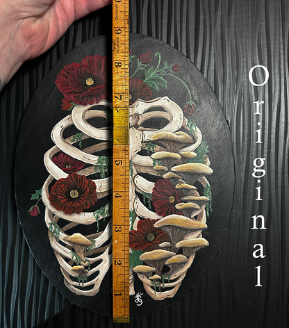 Death and Decay Painting with Ribcage Covered in Moss, Mushrooms and Poppy Flowers