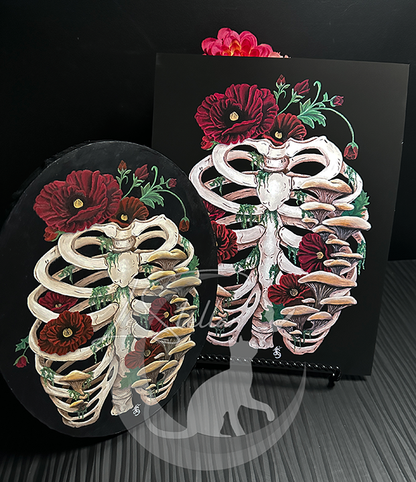 Death and Decay Painting with Ribcage Covered in Moss, Mushrooms and Poppy Flowers