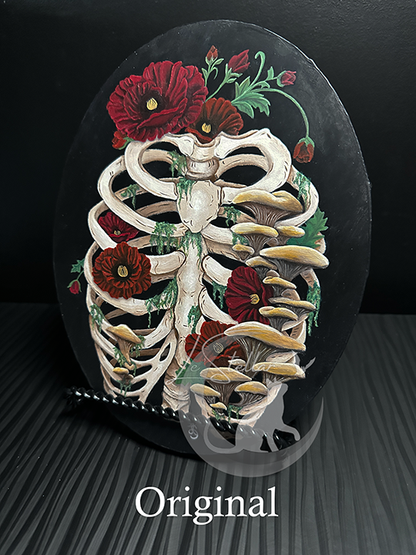 Death and Decay Painting with Ribcage Covered in Moss, Mushrooms and Poppy Flowers