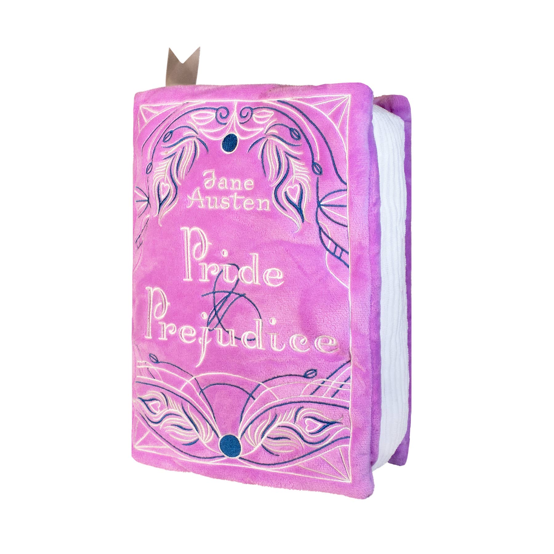 Pink plush book-shaped pillow with &