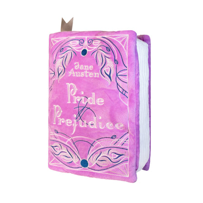 Pink plush book-shaped pillow with &