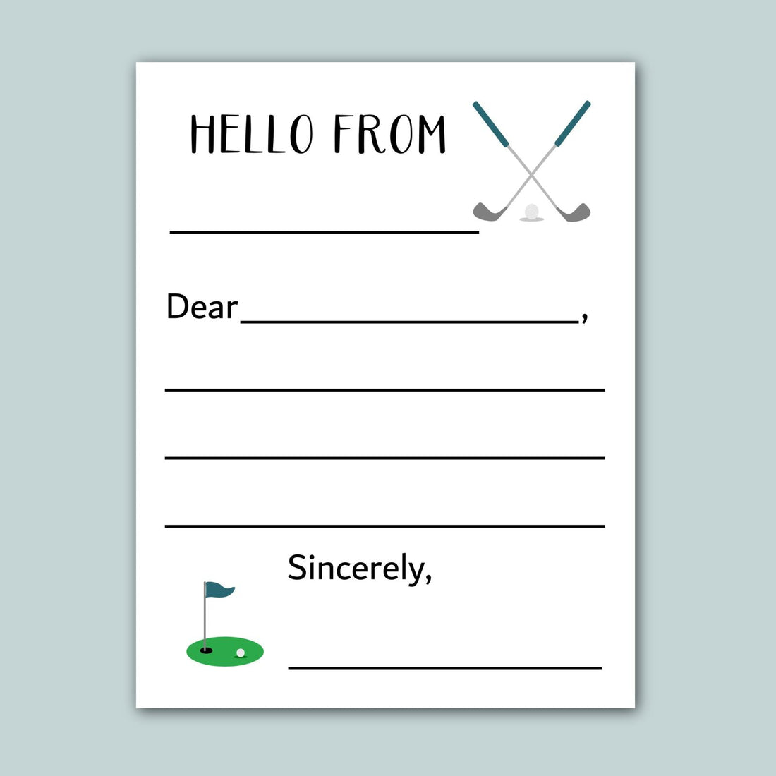 The image is a blank greeting card with a golf-themed design, including a golf club and a golf ball. The card has a blank space for a message and a blank space for a signature.