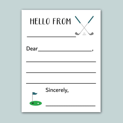 The image is a blank greeting card with a golf-themed design, including a golf club and a golf ball. The card has a blank space for a message and a blank space for a signature.