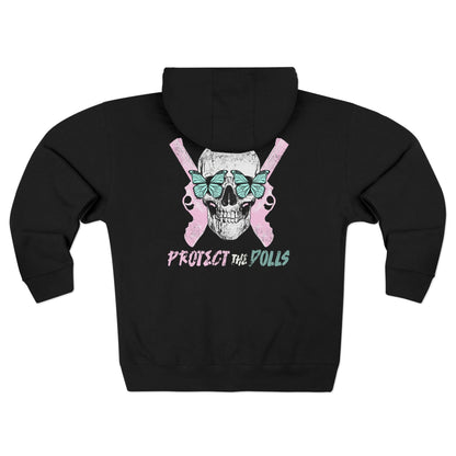 Protect the Dolls Zip Hoodie — Pink Skull &amp; Crossed Guns Trans Rights Hoodie