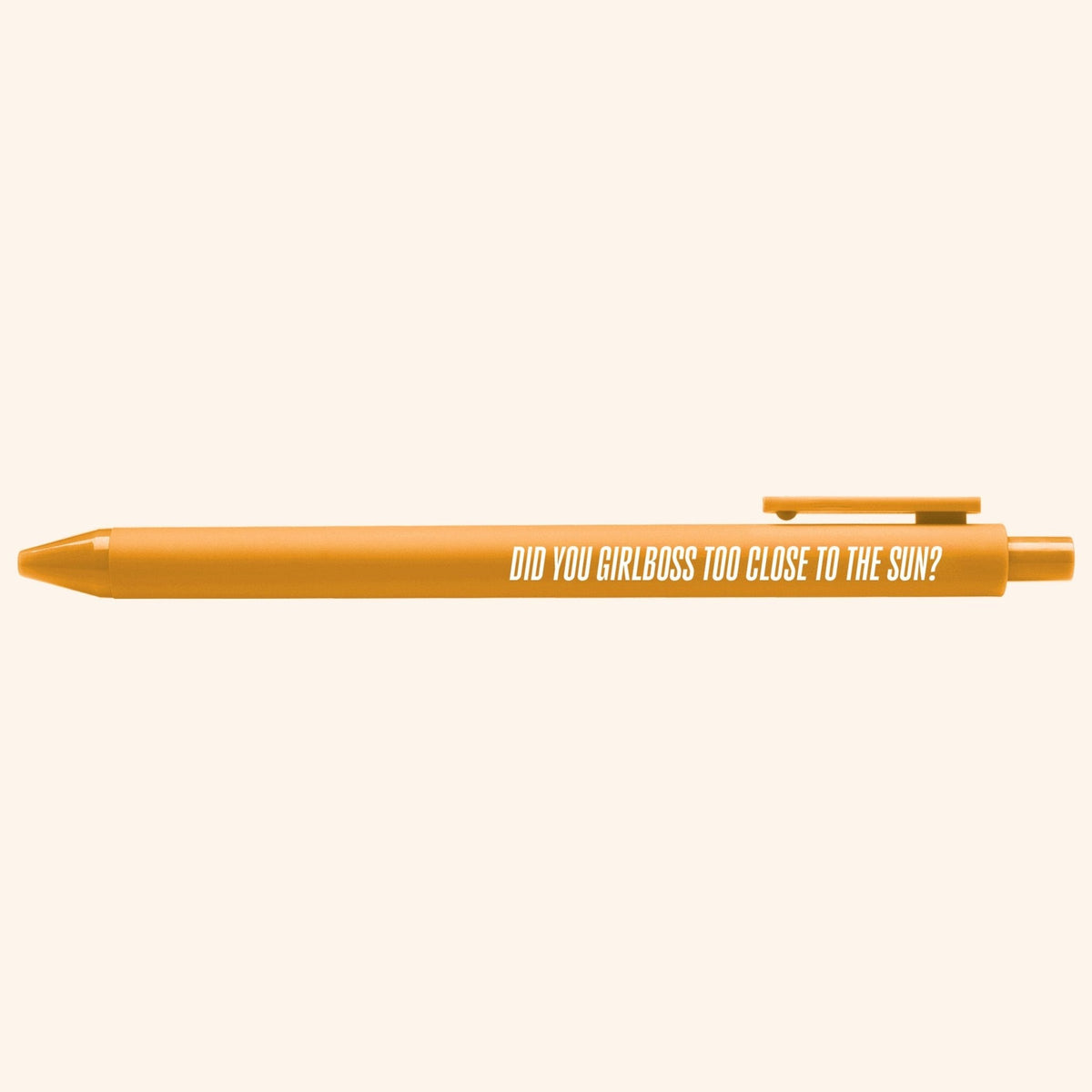 Did You Girlboss Too Close to the Sun pen flat lay — funny desk pen and coworker gift by indie artist MangoIllustrated