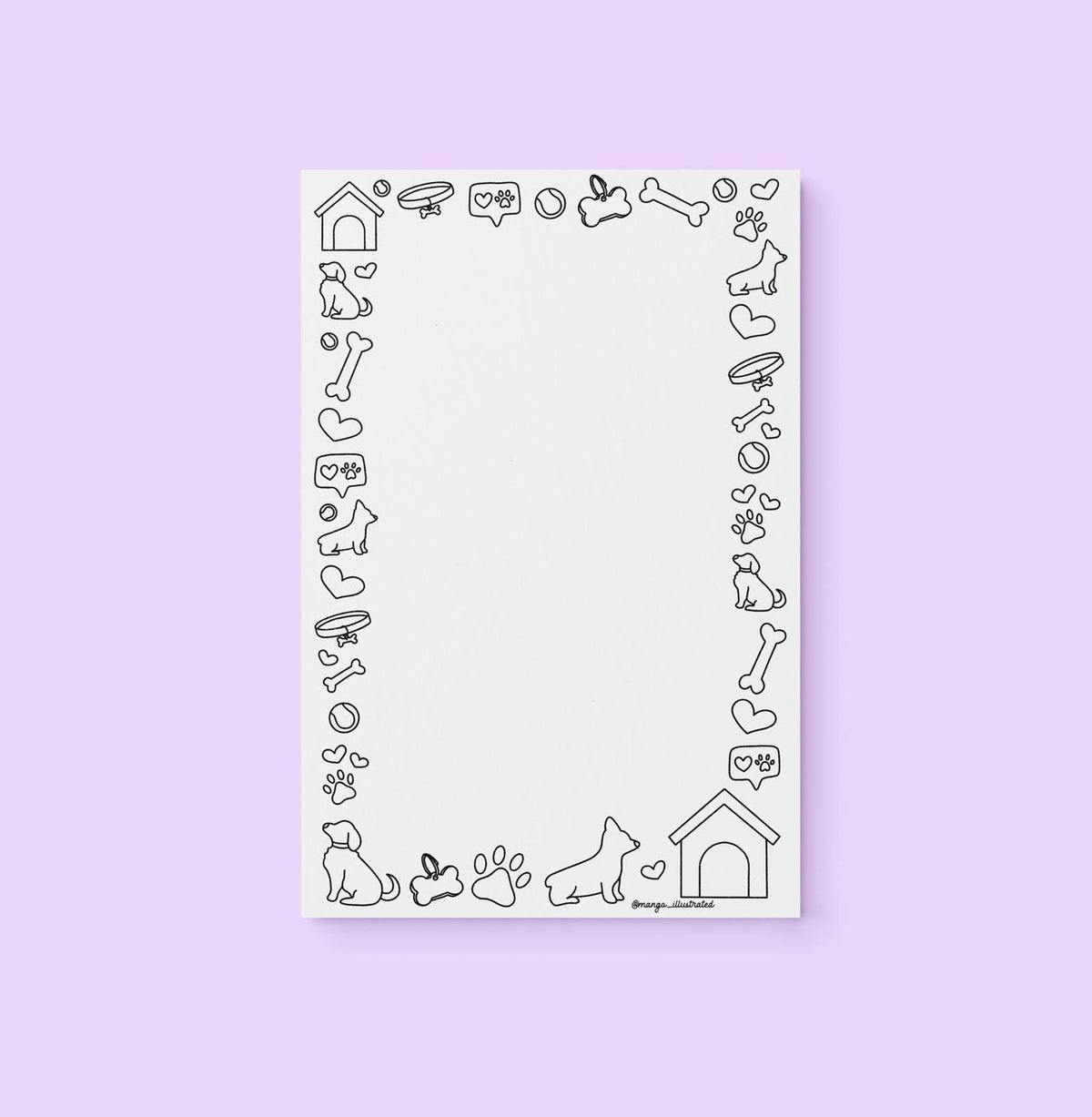 Dog doodles color-in notepad — hand drawn dog doodle border you color in yourself, 8.5 x 5.5 inches, by MangoIllustrated