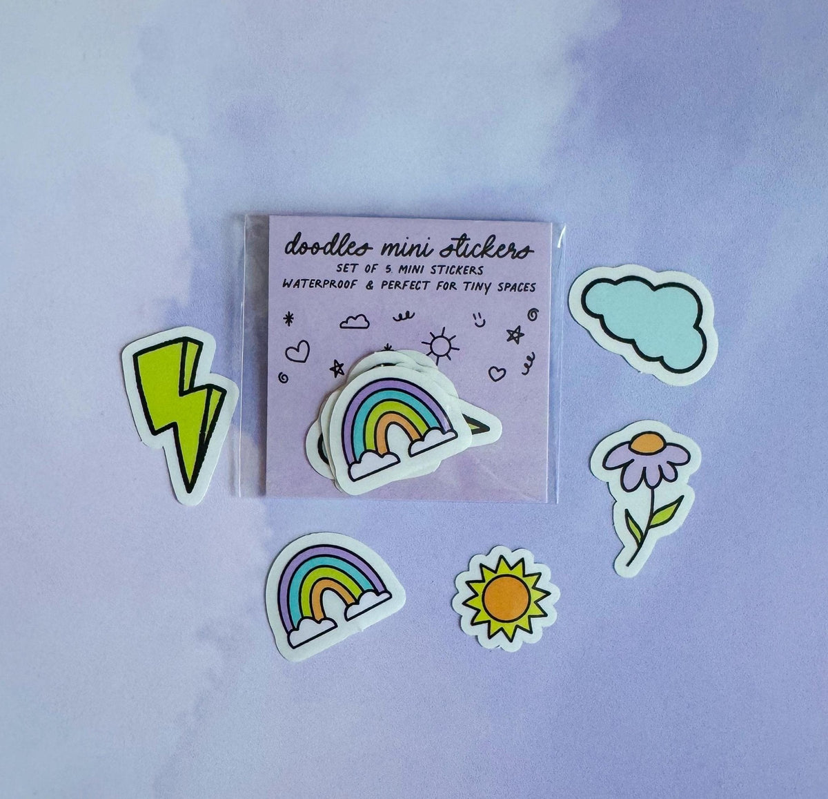 Doodles mini sticker set - lightning bolt, cloud, rainbow, flower, sun — five hand drawn weather doodles, 1 x 1 inch each, by MangoIllustrated