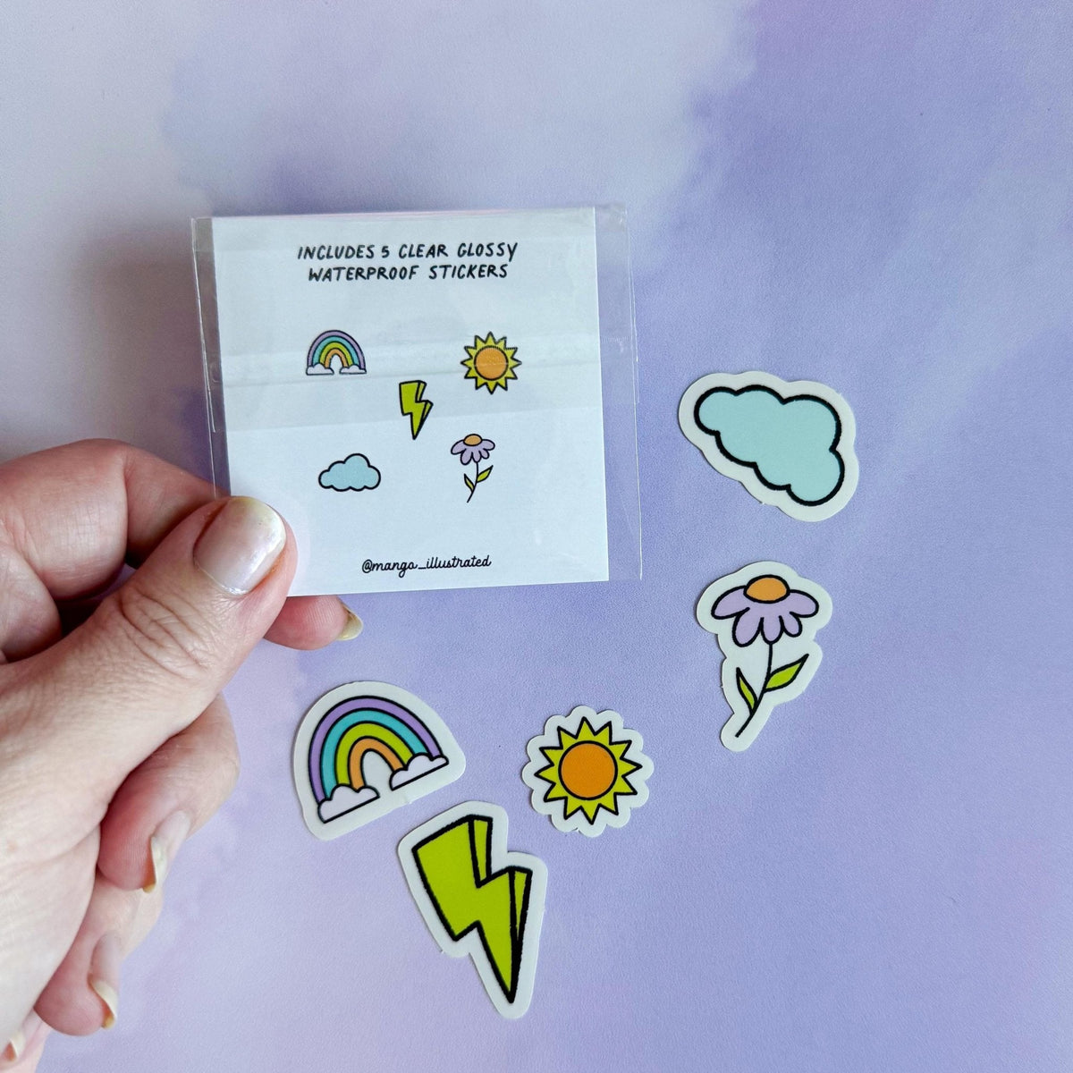 Doodles mini sticker set - lightning bolt, cloud, rainbow, flower, sun on a water bottle — small spot stickers by indie artist MangoIllustrated