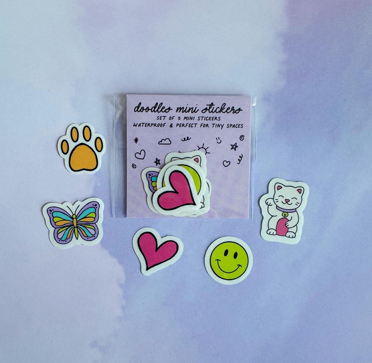 Doodles mini sticker set - lucky cat, smile, butterfly, paw, heart — five hand drawn mini doodles, 1 x 1 inch each, by MangoIllustrated
