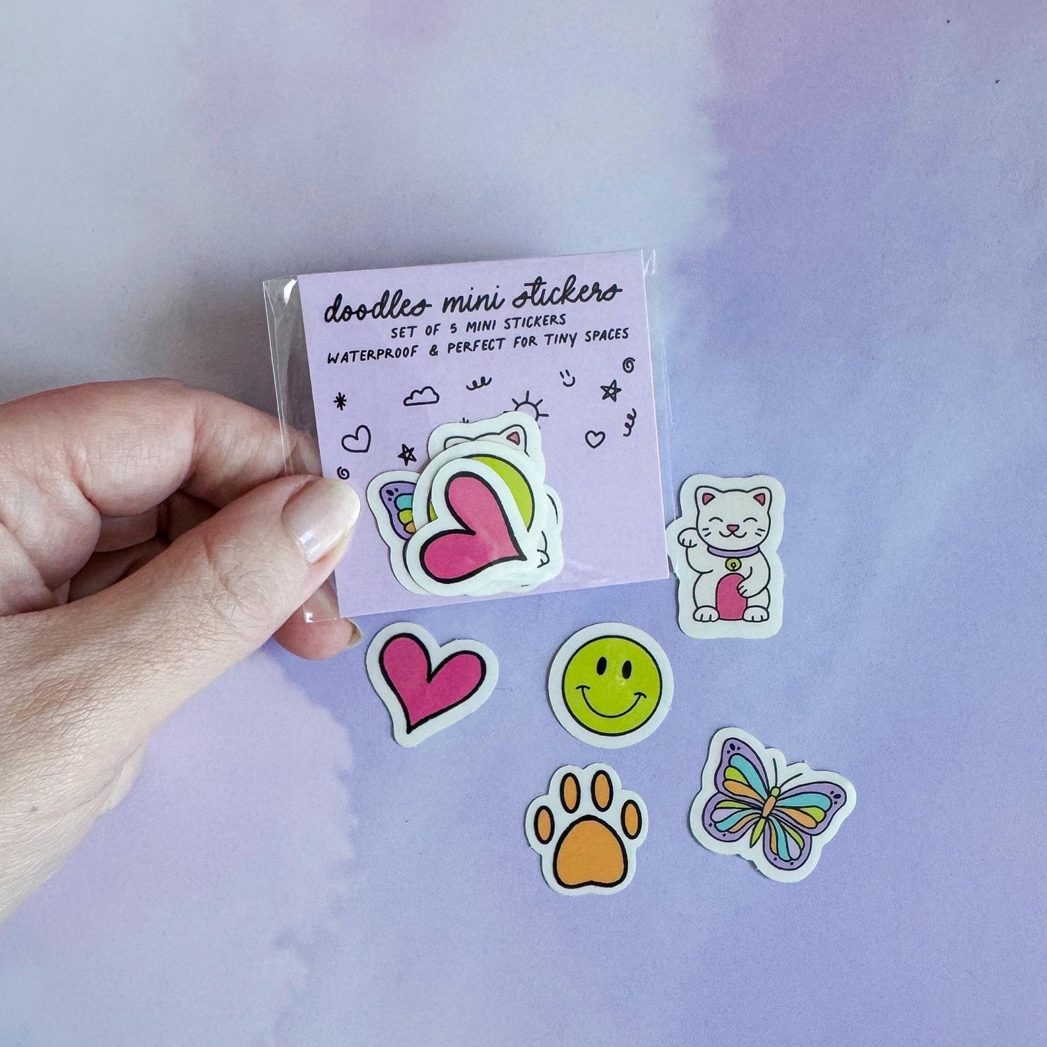 Doodles mini sticker set - lucky cat, smile, butterfly, paw, heart - MangoIllustrated - Sticker