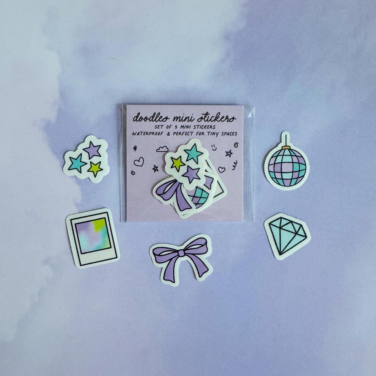 Doodles mini sticker set - mirrorball, bow, diamond, stars, polaroid — five hand drawn mini doodles, 1 x 1 inch each, by MangoIllustrated