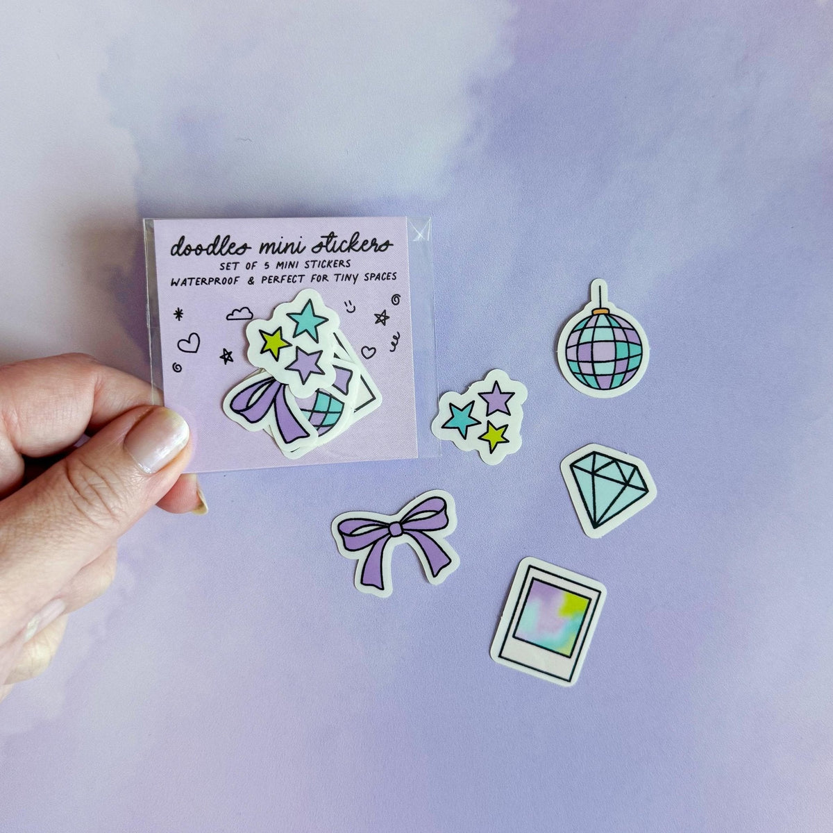 Doodles mini sticker set - mirrorball, bow, diamond, stars, polaroid detail — close up of the mirrorball doodle by indie artist MangoIllustrated