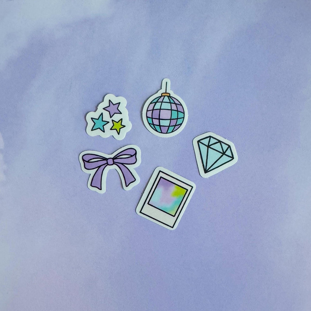 Doodles mini sticker set - mirrorball, bow, diamond, stars, polaroid flat lay — clear vinyl mini filler stickers by indie artist MangoIllustrated