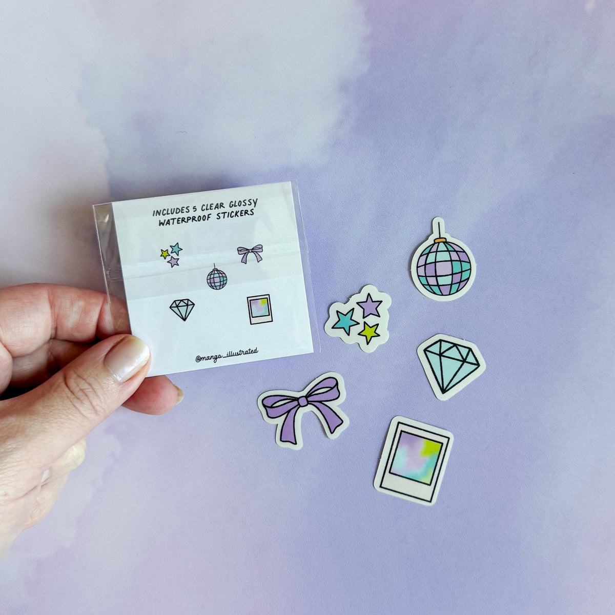 Doodles mini sticker set - mirrorball, bow, diamond, stars, polaroid on a laptop — small spot stickers by indie artist MangoIllustrated