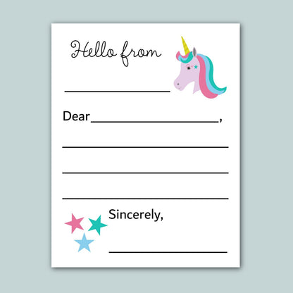 a letter addressed to someone named Sincerely, with a unicorn illustration on the top right corner. The letter appears to be a blank card with space for writing a message.