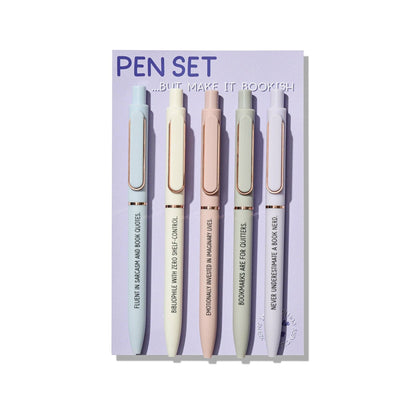 Set of five pens in pastel colors with a purple packaging background