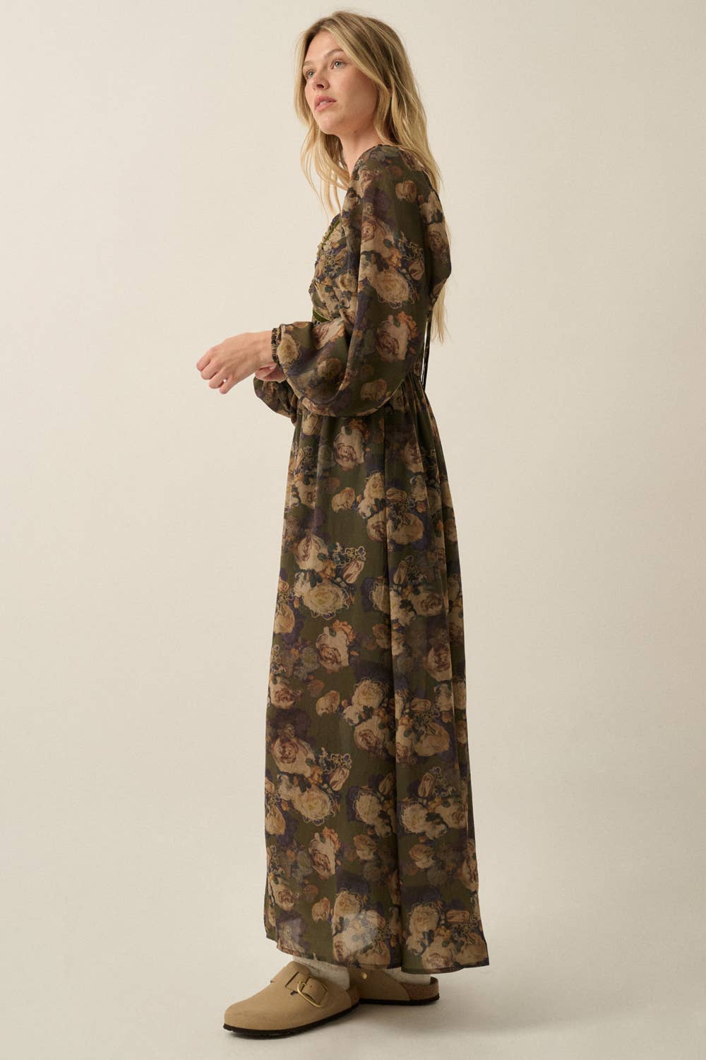 Floral-Print Velvet-Trimmed Bubble-Sleeve Maxi Dress
