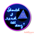 Neon-style text on a circular background with a question mark and &