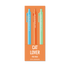 A cat lover pen pack containing three pens in light blue, orange, and mint green, displayed on an orange backing card with white text.