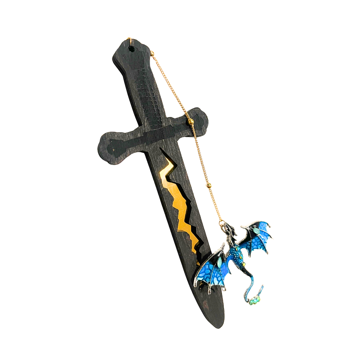 Decorative sword with a dragon charm on a white background