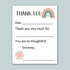 a white card with a rainbow graphic and a heart symbol. The card has a message written in black text, expressing gratitude, and includes a blank space for the recipient&