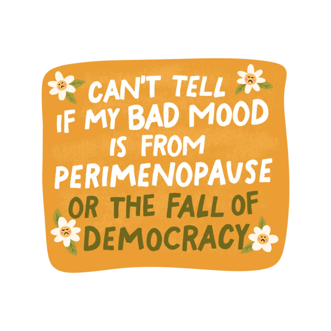 Comic-style text on an orange background with flowers, expressing frustration about perimenopause and democracy.