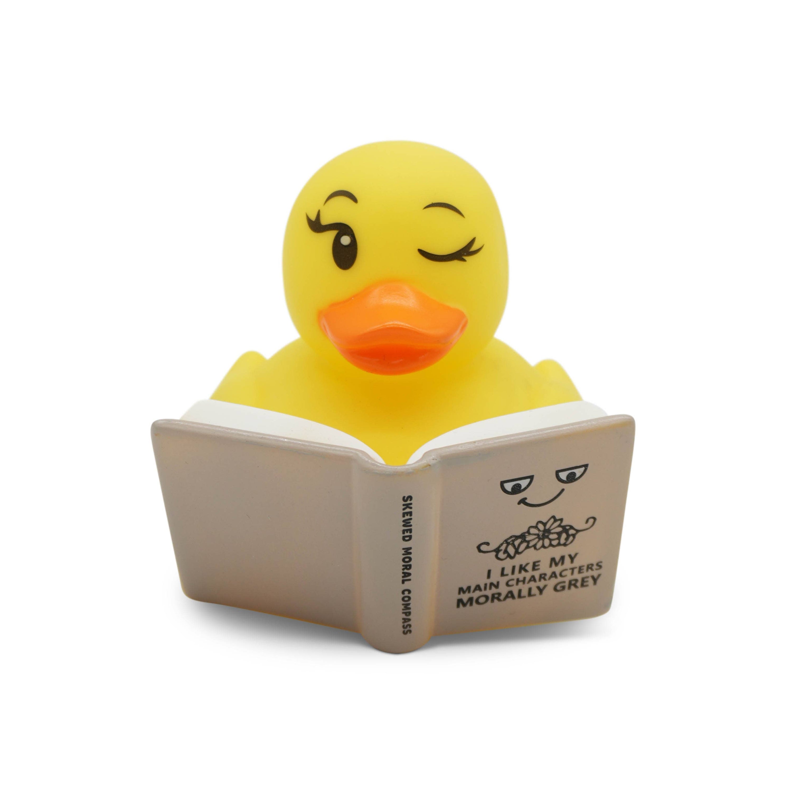 Yellow rubber duck reading a book with text on a white background