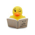 Yellow rubber duck reading a book with text on a white background