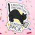 A die-cut sticker featuring a cartoon black cat holding a notepad with the text &