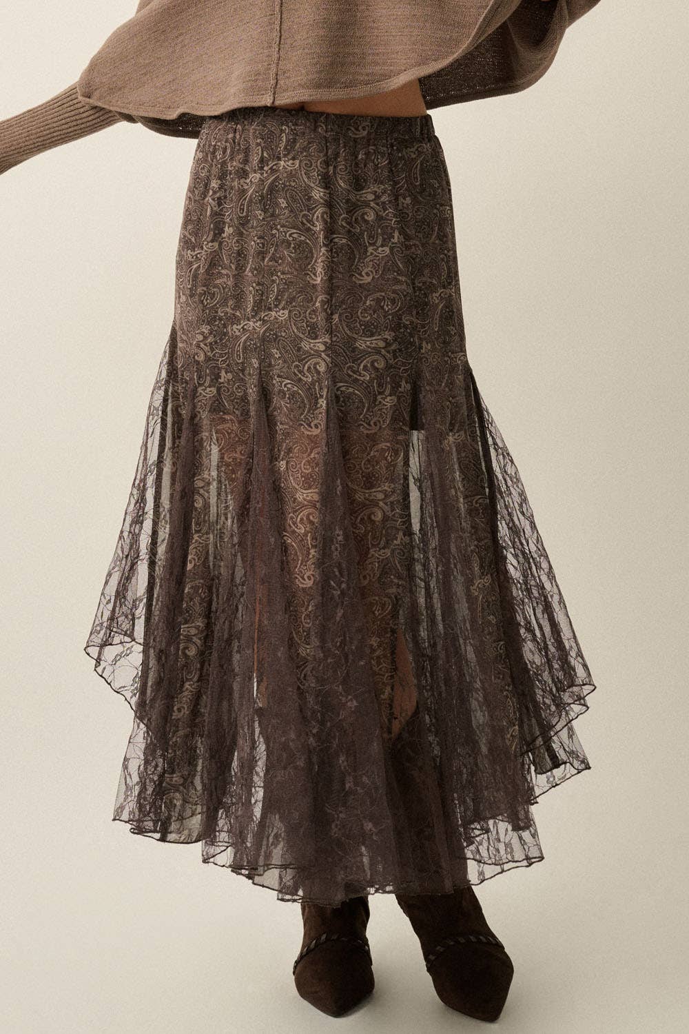 Paisley-Print Chiffon &amp; Lace Elastic-Waist Godet Maxi Skirt